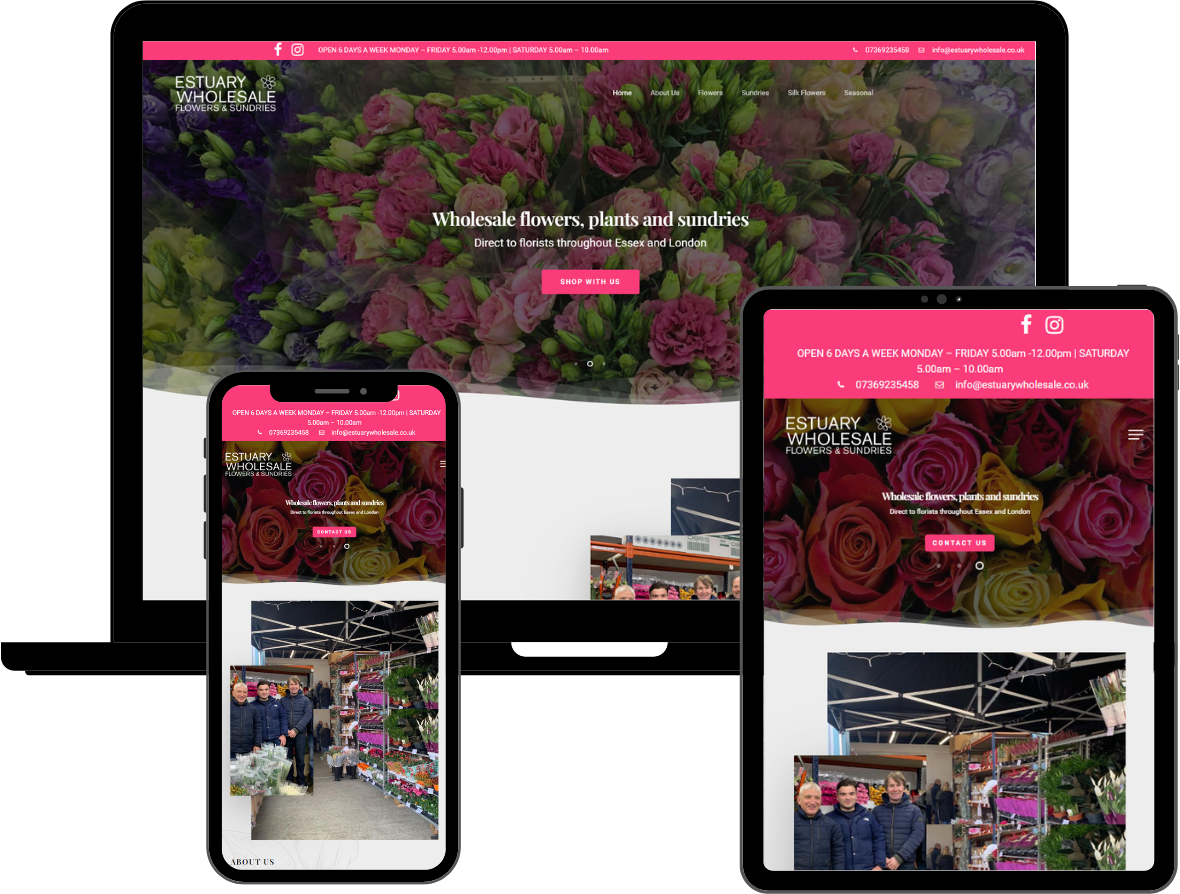 Estuary Wholesale website shown on laptop, tablet and mobile